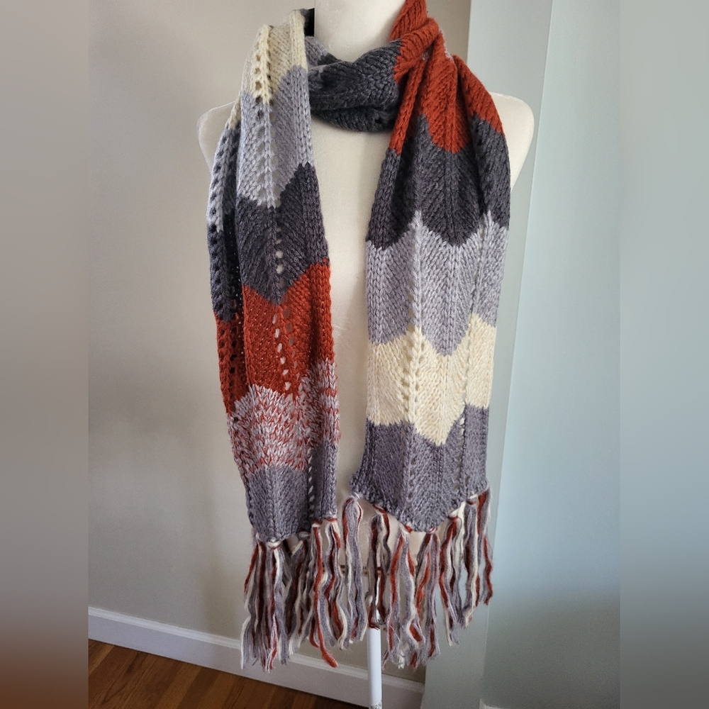 Mixit Oblong Mutl Color Wear Multiple Ways Scarf Fringe New Gray Orange Ivory